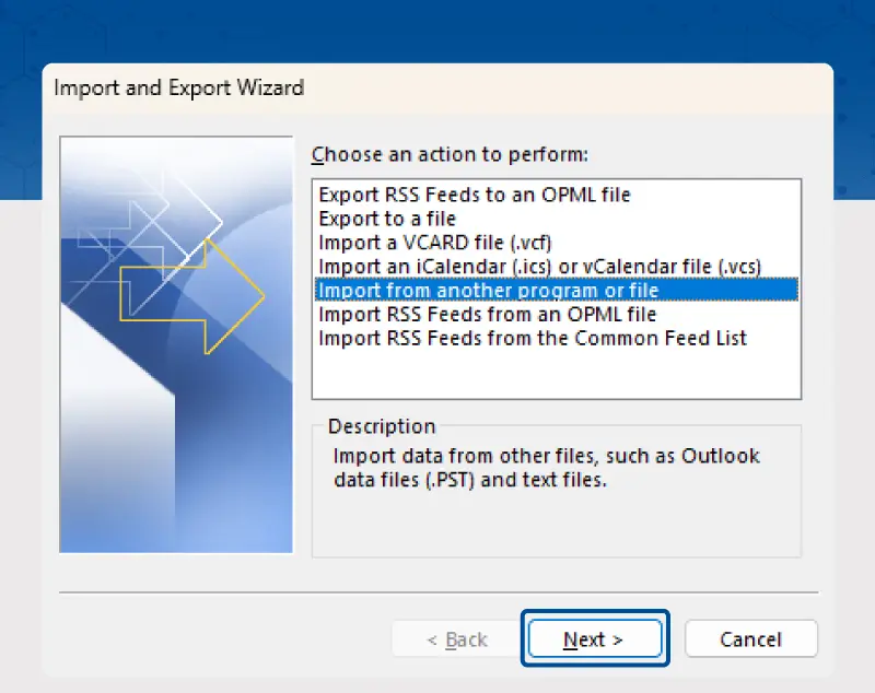 outlook import and export wizard step 1a