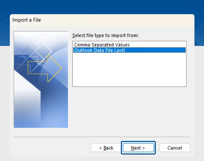 outlook import and export wizard step 1b