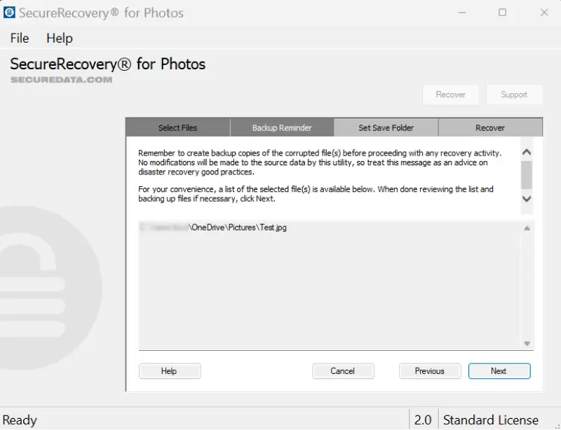 A screenshot showing the backup reminder for SecureRecovery® For Photos.