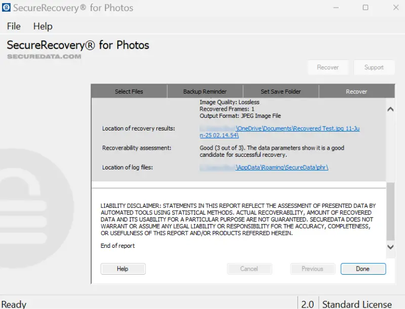 A screenshot showing the results of SecureRecovery® For Photos.