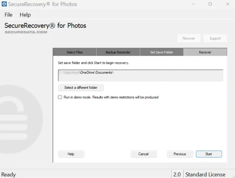 A screenshot showing how to choose the destination folder on SecureRecovery® For Photos.