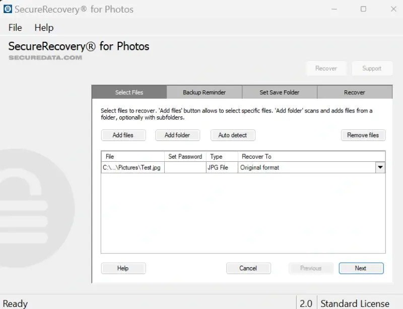 A screenshot showing how to select corrupted files on SecureRecovery® For Photos.