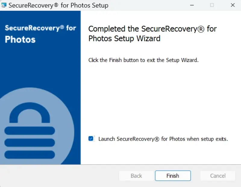 A screenshot showing the SecureRecovery® For Photos setup being complete.